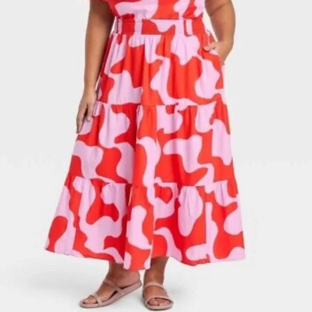 Ava & Viv Pink and Red Tiered A-Line Maxi Skirt